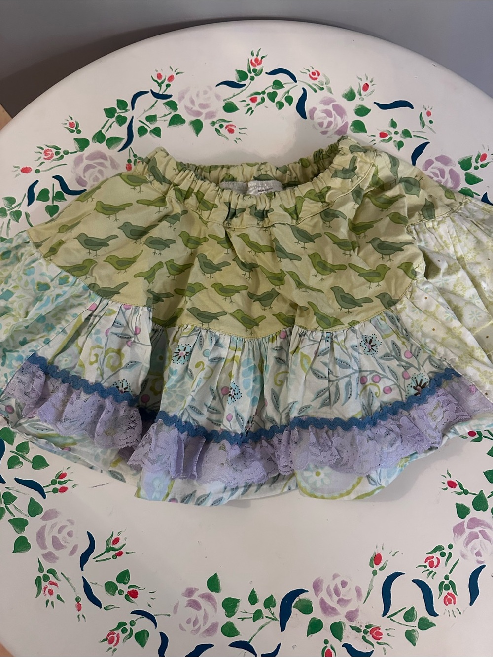 Girls Matilda Jane Green Bird-Print Tiered ruffle Skirt with Lavender Trim